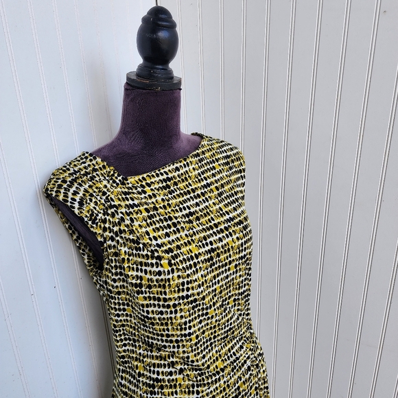 Calvin Klein Green Black Dot Printed Sleeveless Career Sheath Dress Rutched M - Picture 2 of 14